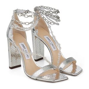 Jimmy Choo Neena 100 Embossed Leather Sandal, Silver - NWOB